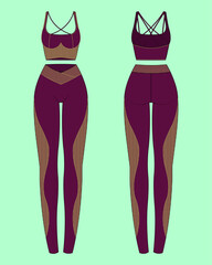 Ladies activewear sports fitness bra and leggings flat sketch template outline. 