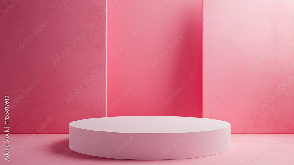 Poster circular platform with pink backdrop in minimalist studio setting for product display