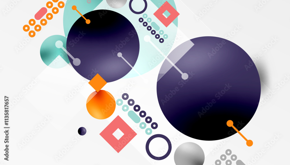 Poster minimalistic abstract vector design, layered geometric shapes circles, squares, and triangles with s