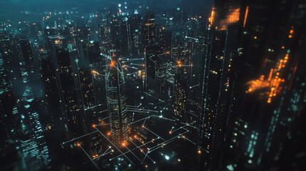 Obraz premium Smart digital Innovation city with connection network reciprocity over the cityscape. of future smart wireless digital city and social media networking systems that connects people with in city