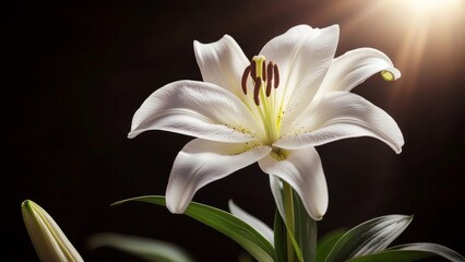 Elegant white lily bloom in soft light against dark background