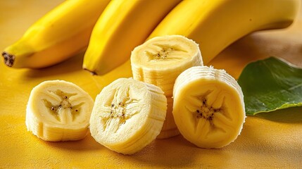 banana, fruit, organic, fresh, nutritious, delicious, yellow, and tropical On a strong yellow background, a colorful banana that has peeled halfway reveals its creamy texture and vivid yellow skin
