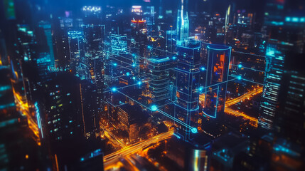 Smart digital Innovation city with connection network reciprocity over the cityscape. of future smart wireless digital city and social media networking systems that connects people with in city