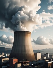 Obraz premium Industrial Power Plant Cooling Tower Smoke Energy Production Environmental Concerns