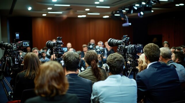 A group of journalists receiving a media release at a press conference, ready to report on the news.