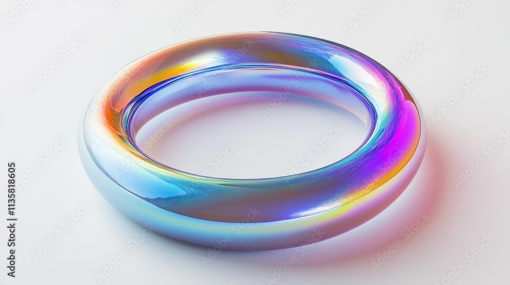 Poster a floating holographic ring with a smooth surface and reflective gradient effects, placed on a white