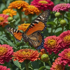 Obraz premium A beautiful butterfly sipping nectar from a cluster of vibrant zinnias.