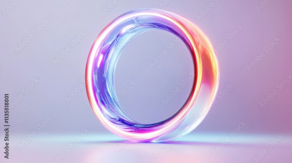 Poster a futuristic annular frame with a shimmering hologram effect in neon colors, floating on a clean whi