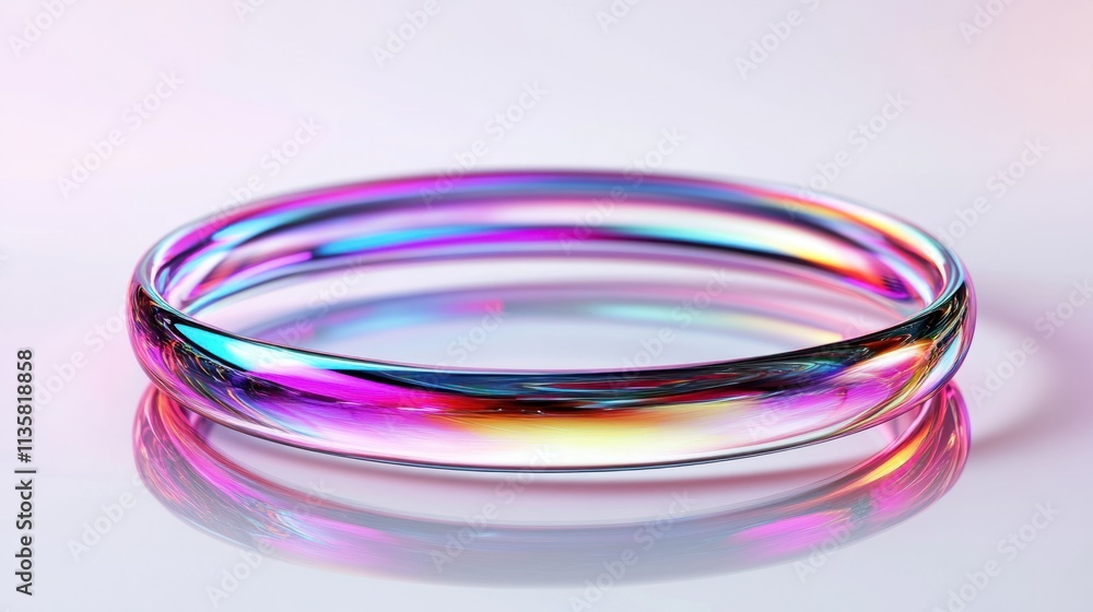 Poster a futuristic annular frame with a shimmering hologram effect in neon colors, floating on a clean whi