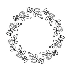 Black and White Floral Circular Wreath Design with Gracefully Curved Branches, Leaves, and Blooming Flowers
