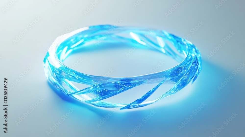 Poster a futuristic holographic ring with dynamic glowing lines and sharp edges, floating on a white backgr
