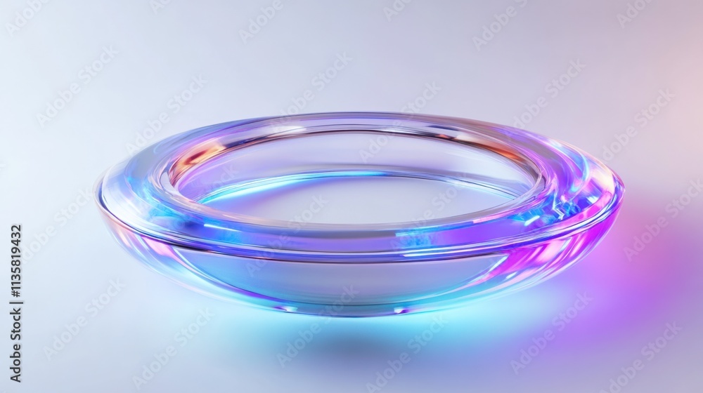 Poster a futuristic holographic ring with dynamic glowing lines and sharp edges, floating on a white backgr