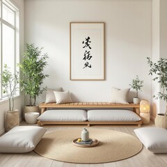Minimalist, japandi home interior design of modern living room with white sofa, wooden round modern coffee table, window and contemporary abstract chinese art