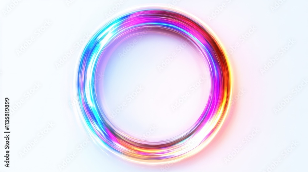Poster a glowing annular holographic frame with a pulsating neon aura, floating on a bright white backgroun