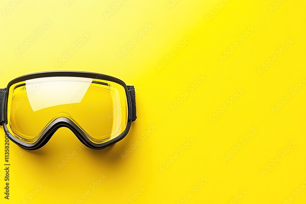 Poster top-down shot of ski goggles on solid yellow background positioned slightly to left with ample copy 