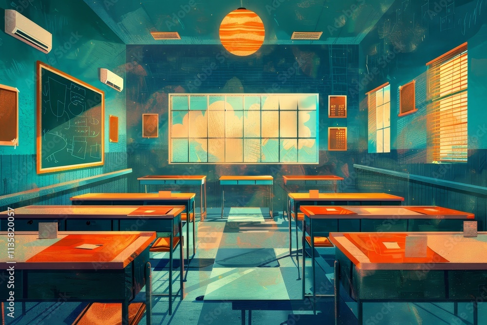 Aufkleber a classroom with empty desks and a large window overlooking a bright, blue sky a composition that bl