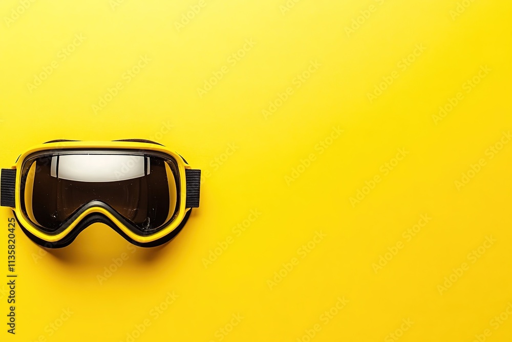 Poster top-down shot of ski goggles on solid yellow background positioned slightly to left with ample copy 