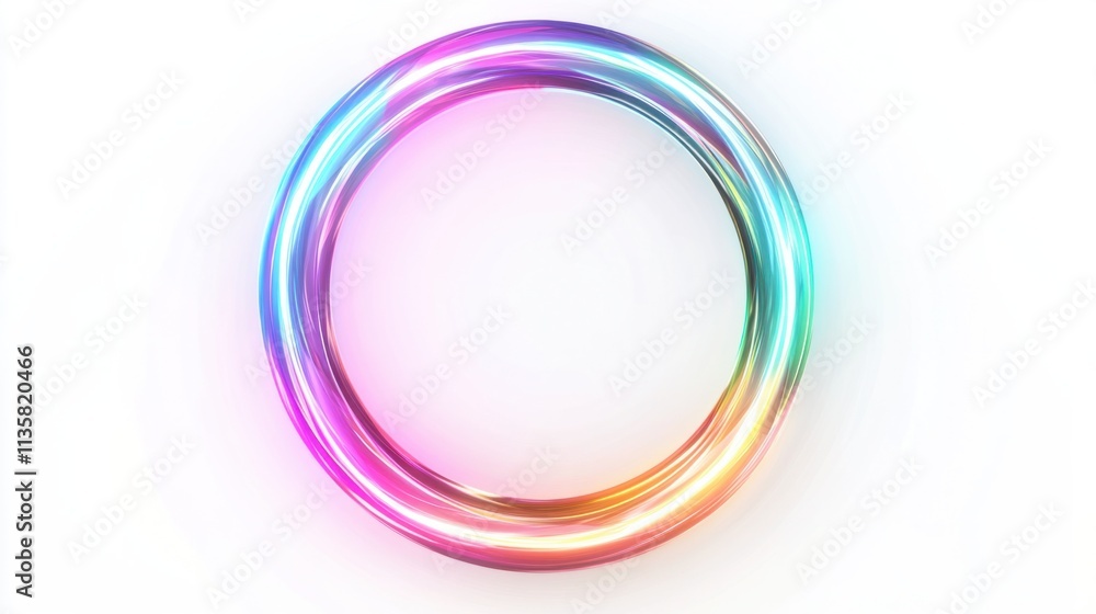 Poster a glowing holographic frame in a circular shape, featuring a neon-like color gradient, isolated on w