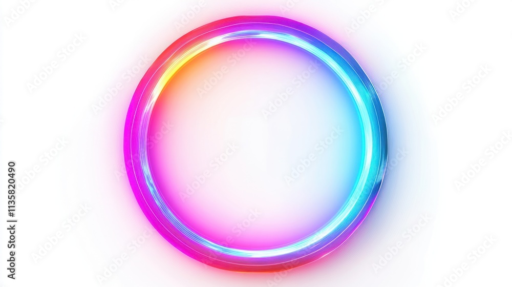 Poster a glowing holographic frame in a circular shape, featuring a neon-like color gradient, isolated on w