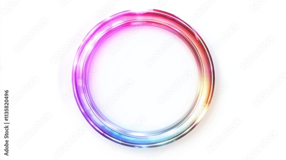 Poster a glowing holographic frame in a circular shape, featuring a neon-like color gradient, isolated on w