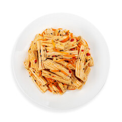 Asparagus salad with carrots, top view, on a white background, isolated.