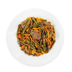Dish of mushrooms and fern, top view, on white background, isolated.
