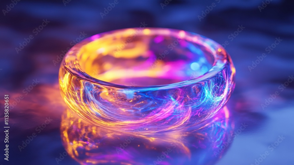 Poster a glowing holographic ring with swirling patterns and prismatic reflections, creating an ethereal vi