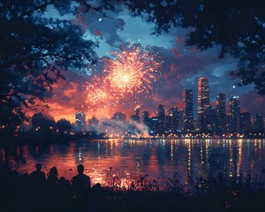 Obraz premium River flows through the city, people sitting on the grass watching New Year's fireworks. Skyscrapers backdrop, creating peaceful, celebratory atmosphere. Perfect for New Year, city tourism marketing.