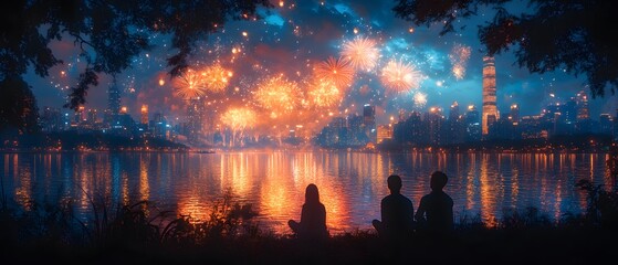 Naklejka premium River flows through the city, people sitting on the grass watching New Year's fireworks. Skyscrapers backdrop, creating peaceful, celebratory atmosphere. Perfect for New Year, city tourism marketing.