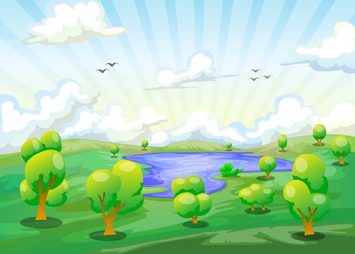 Blue Lake with random tree cartoon Illustration over the blue cloudy sky background