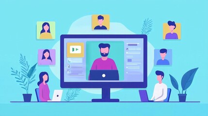 A group of people in small video windows on a webinar screen, with a speaker giving a presentation in the main window.