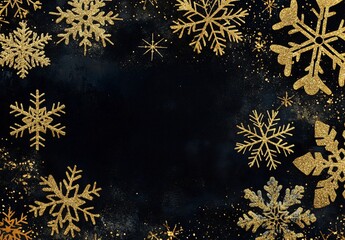 Elegant Gold Glitter Snowflakes on Black Background Christmas Card Design