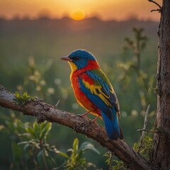 Fototapeta premium A stunningly colorful bird perched on a delicate branch at sunrise.