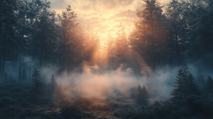 Obraz premium Misty Forest with Sun Rays