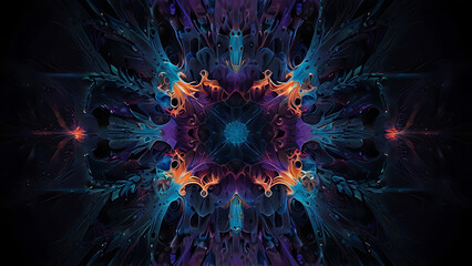 Obraz premium Space abstraction. Multicolored spheres are illuminated by flashes of blue light and are located against a black background. 3D render. 