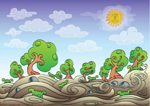 landscape cartoon background with various tree and yellow sun and cloudy sky 
