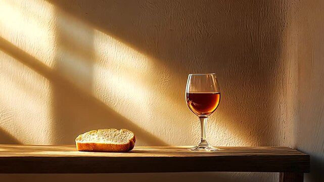 Communion Elements with Unleavened Bread and Chalice on Table