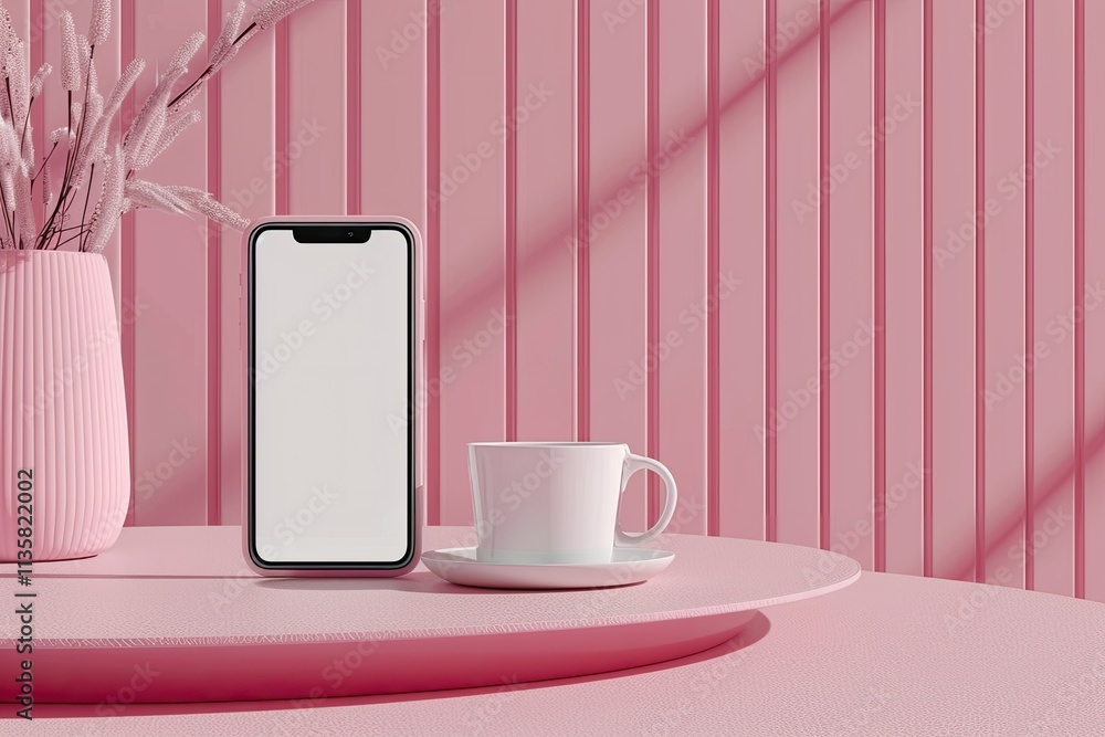 Aufkleber 3d pink scene with a cell phone floating on a coffee table and editable color