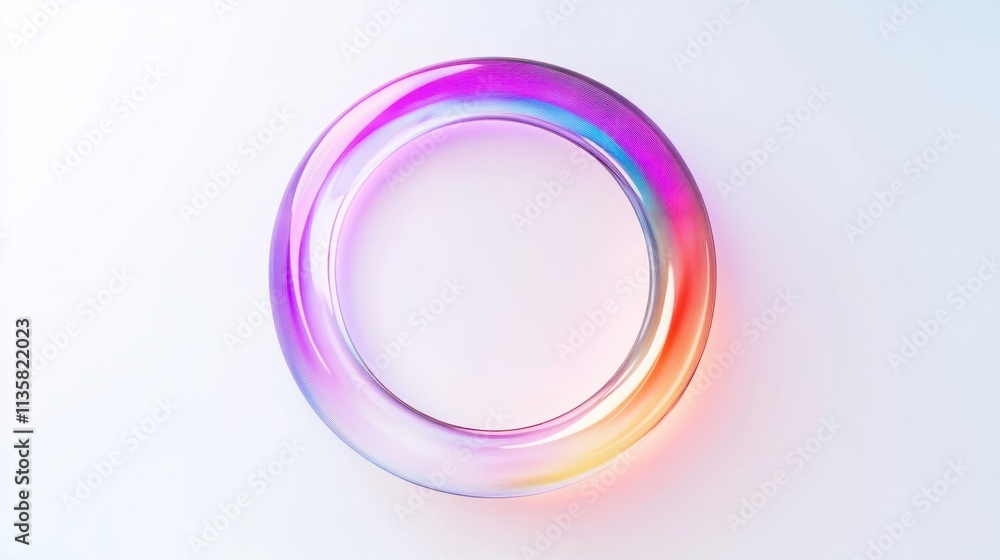 Poster a smooth holographic circle with a radiant glow and dynamic gradient transitions, placed on a white 