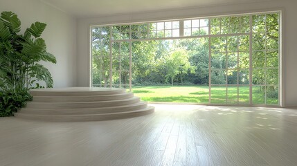 Fototapeta premium Serene Indoor Garden Room with Wooden Platform Lush Greenery