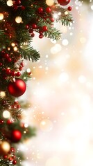 Fototapeta premium A vibrant Christmas background features a decorated tree with red ornaments and sparkling lights. This cheerful setting evokes the joy of holiday celebrations, making it ideal for flyers.
