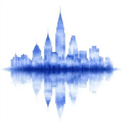 Obraz premium Blue Cityscape Watercolor Painting Urban Skyline Reflection