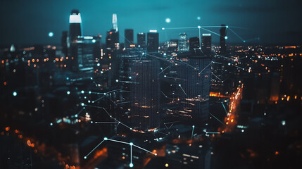 Obraz premium Smart digital Innovation city with connection network reciprocity over the cityscape. of future smart wireless digital city and social media networking systems that connects people with in city