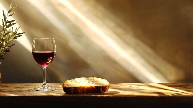 Communion with Bread and Wine on Wooden Table