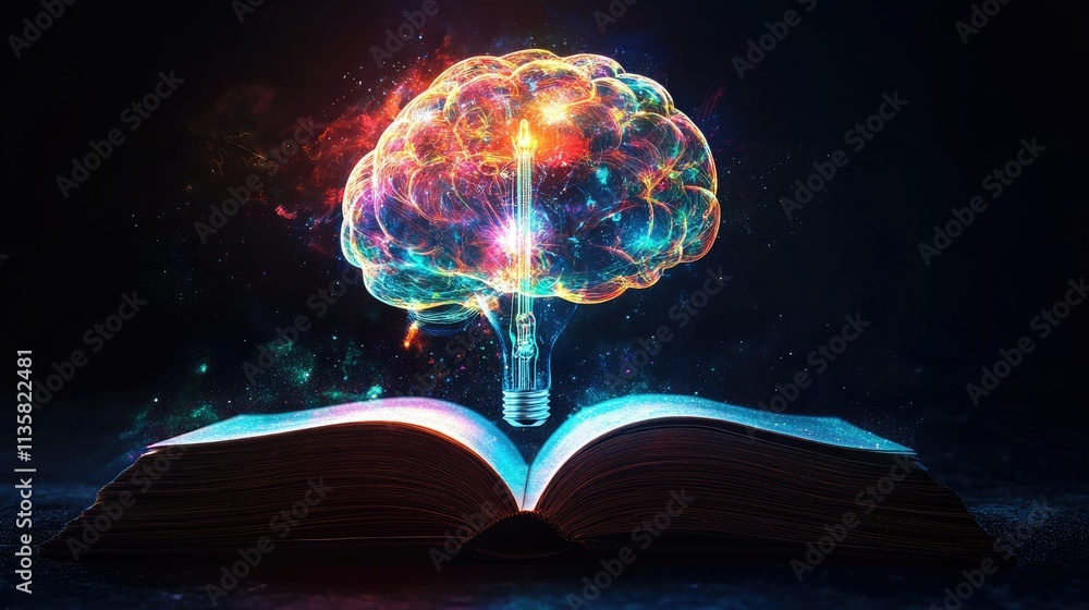 Poster surreal concept of knowledge and imagination illustrated by an open book emitting a colorful brain a