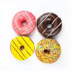 Sweet donuts in glaze, top view, on a white background, isolated.