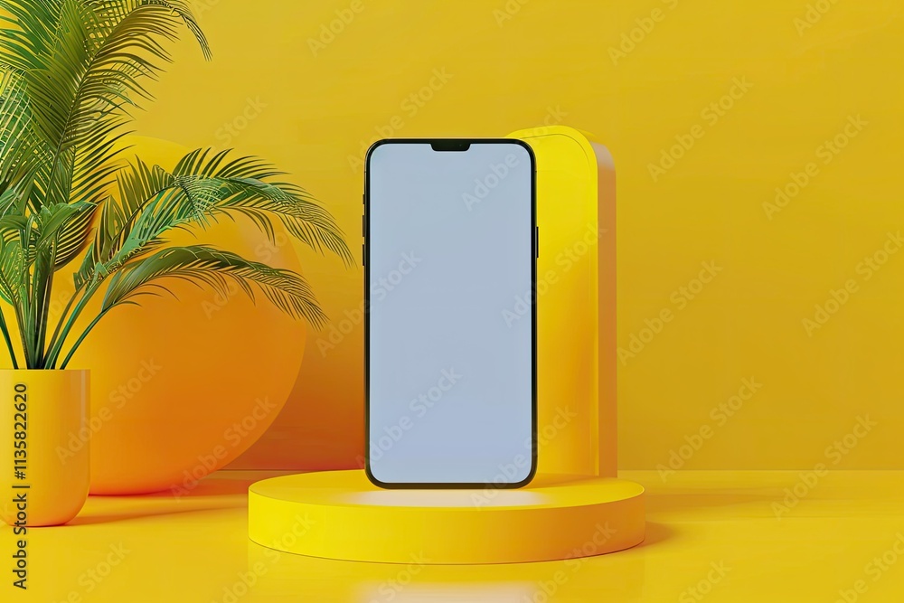 Poster vibrant image of 3d render phone with blank screen with yellow background