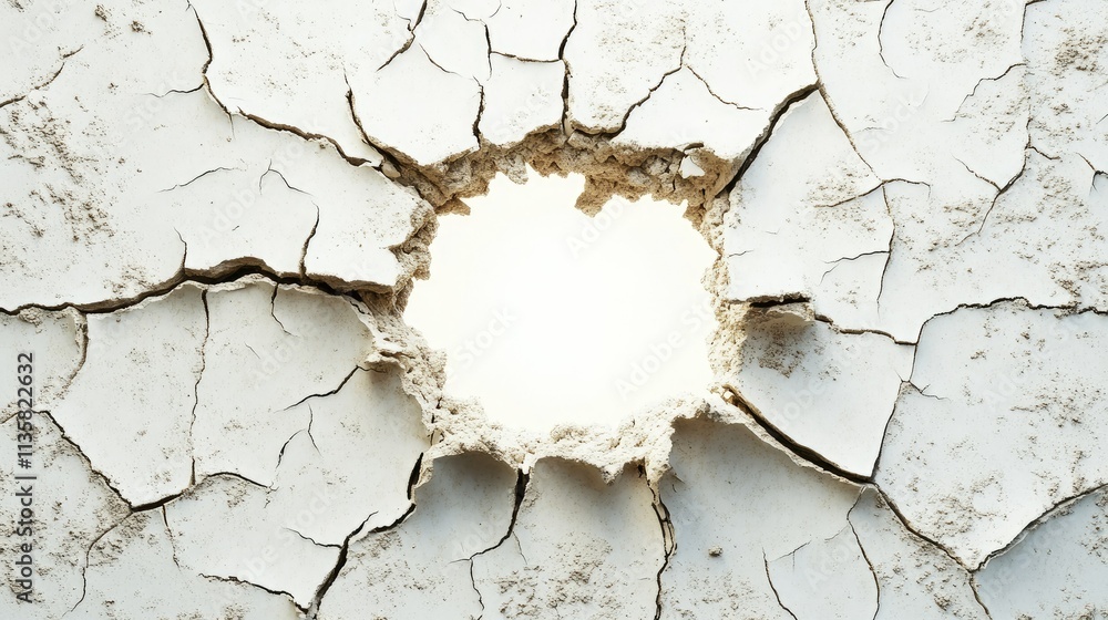 Poster cracked and damaged wall texture with central hole exposing blank surface suitable for various backg