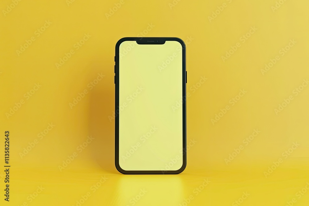 Poster detailed color image of 3d render phone with blank screen with yellow background