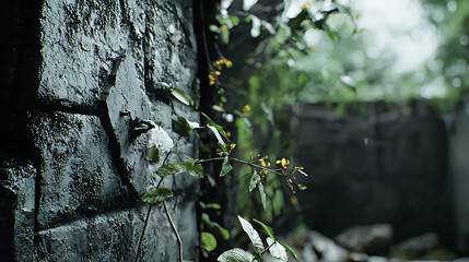 A wall with a green plant growing out of it